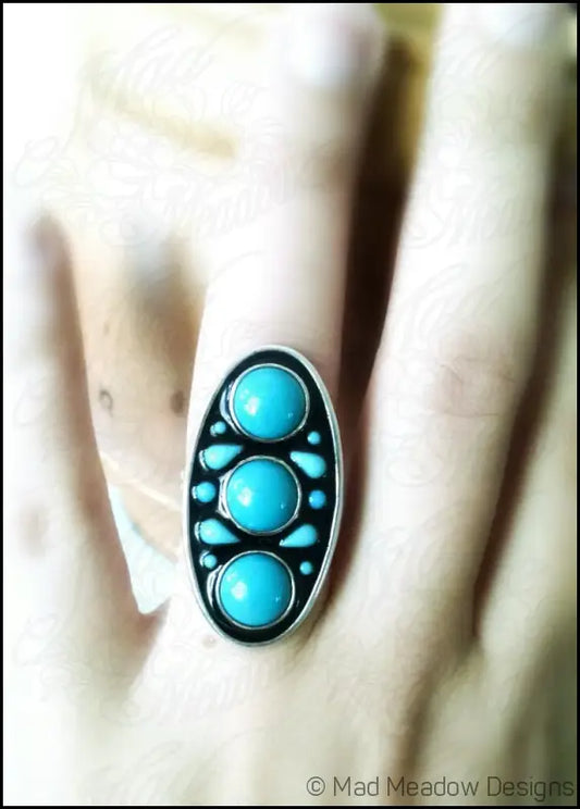 Turquoise Glass Statement Ring Sterling Silver Hand Fabricated Eco Friendly Vintage Aqua Glass Cabochon Set in Black