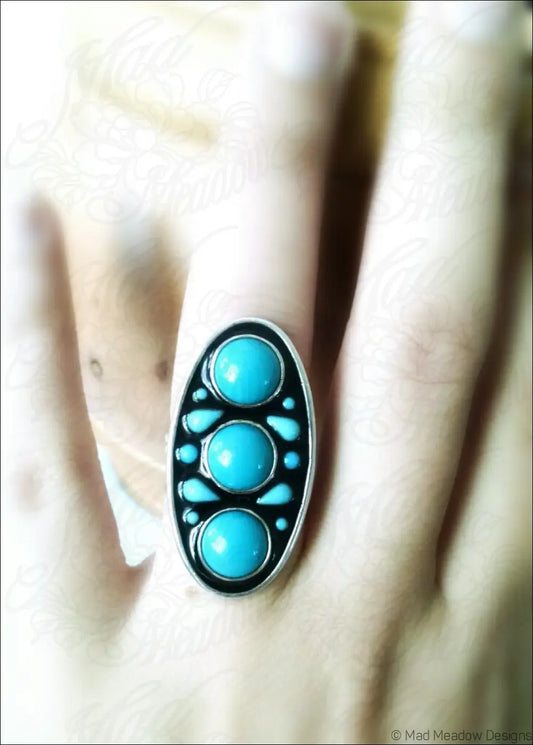 Turquoise Glass Statement Ring Sterling Silver Hand Fabricated Eco Friendly Vintage Aqua Glass Cabochon Set in Black