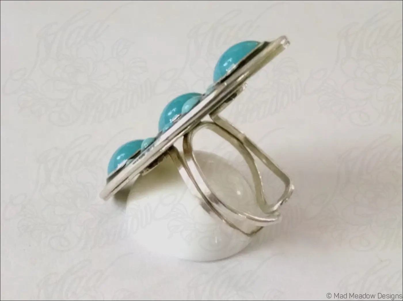 Turquoise Glass Statement Ring Sterling Silver Hand Fabricated Eco Friendly Vintage Aqua Glass Cabochon Set in Black