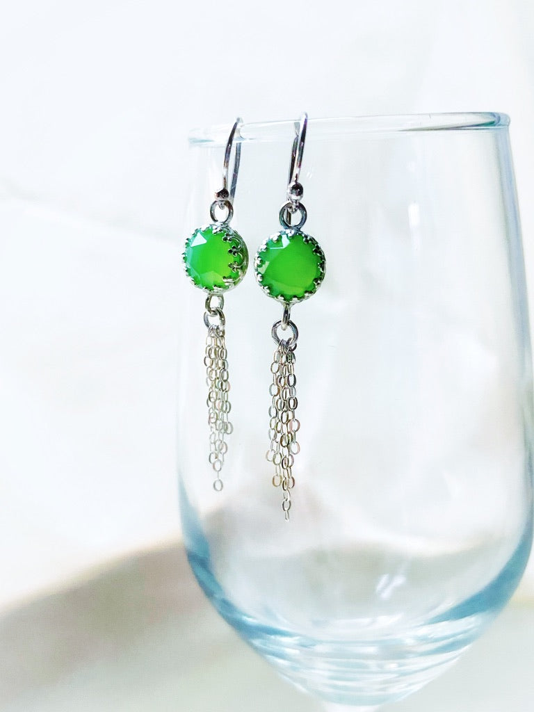 Vibrant Green 8mm Rose Cut Chrysoprase Chalcedony Sterling Silver Chain Tassel Earrings - Jewelry