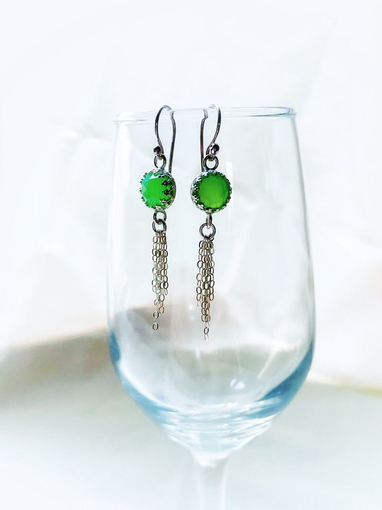 Vibrant Green 8mm Rose Cut Chrysoprase Chalcedony Sterling Silver Chain Tassel Earrings - Jewelry