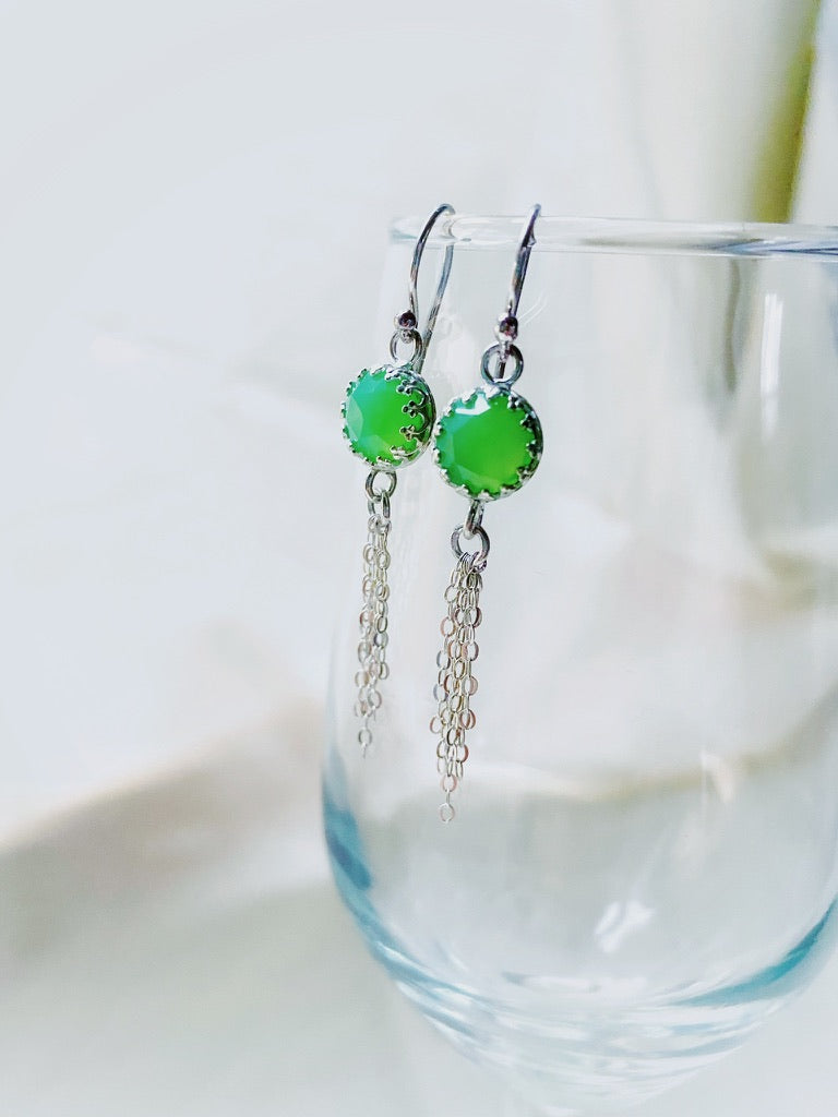 Vibrant Green 8mm Rose Cut Chrysoprase Chalcedony Sterling Silver Chain Tassel Earrings - Jewelry