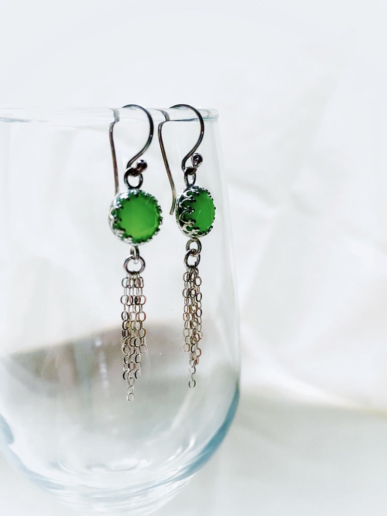 Vibrant Green 8mm Rose Cut Chrysoprase Chalcedony Sterling Silver Chain Tassel Earrings - Jewelry