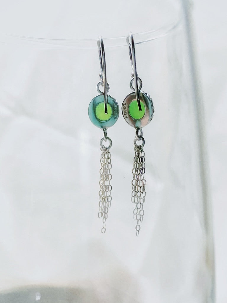 Vibrant Green 8mm Rose Cut Chrysoprase Chalcedony Sterling Silver Chain Tassel Earrings - Jewelry