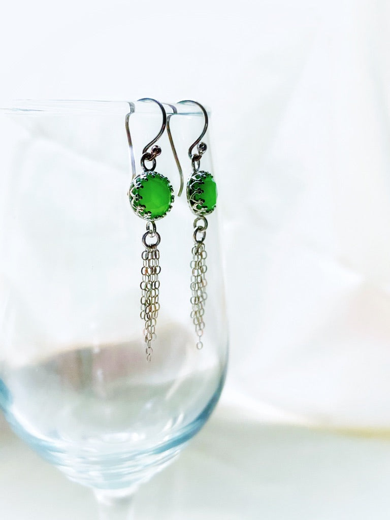 Vibrant Green 8mm Rose Cut Chrysoprase Chalcedony Sterling Silver Chain Tassel Earrings - Jewelry