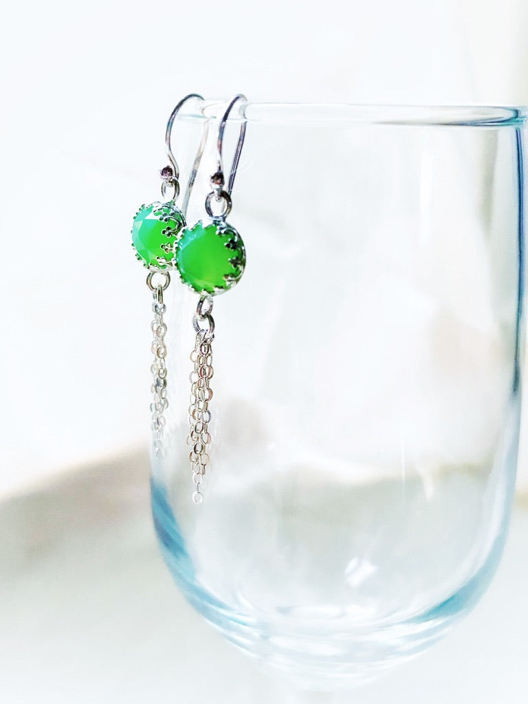 Vibrant Green 8mm Rose Cut Chrysoprase Chalcedony Sterling Silver Chain Tassel Earrings - Jewelry