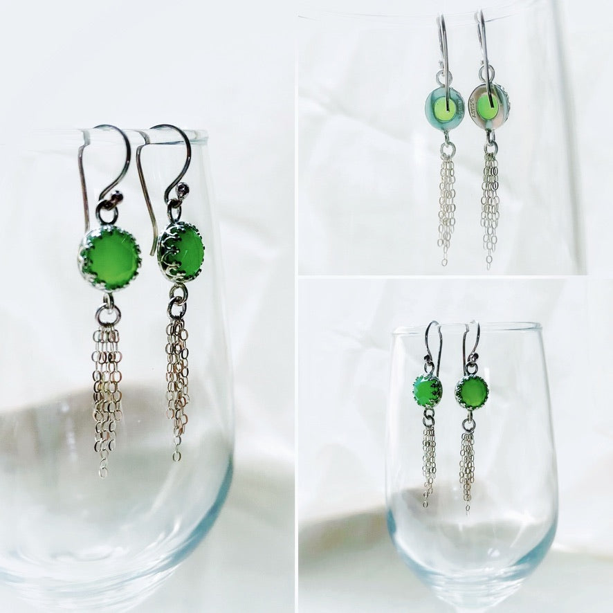 Vibrant Green 8mm Rose Cut Chrysoprase Chalcedony Sterling Silver Chain Tassel Earrings - Jewelry