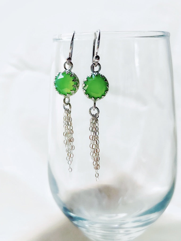 Vibrant Green 8mm Rose Cut Chrysoprase Chalcedony Sterling Silver Chain Tassel Earrings - Jewelry