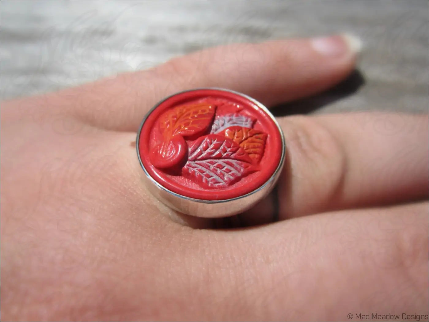 Vintage Button Sterling Silver Adjustable Statement Ring Hand Fabricated Bezel Set Red Orange Light Blue Leaves