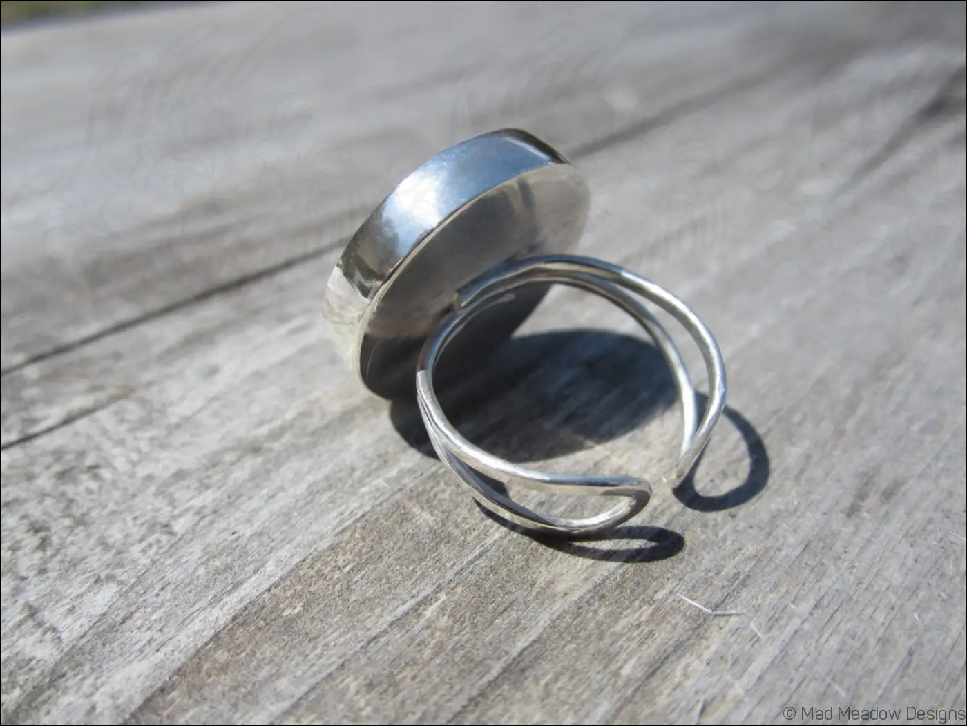 Vintage Button Sterling Silver Adjustable Statement Ring Hand Fabricated Bezel Set Red Orange Light Blue Leaves