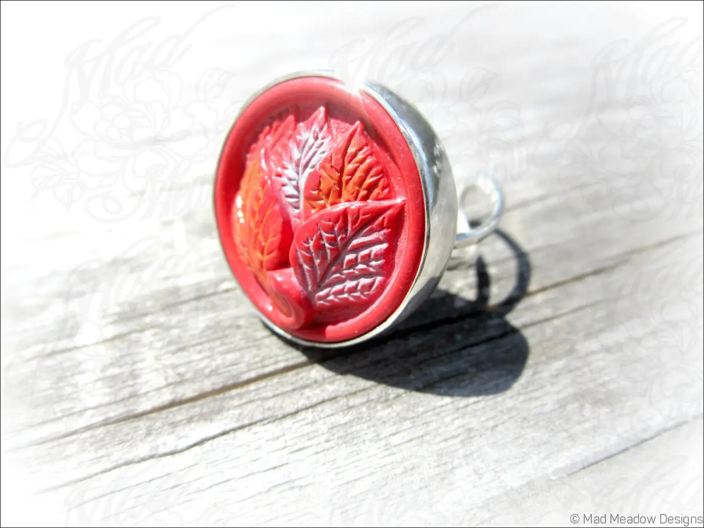 Vintage Button Sterling Silver Adjustable Statement Ring Hand Fabricated Bezel Set Red Orange Light Blue Leaves
