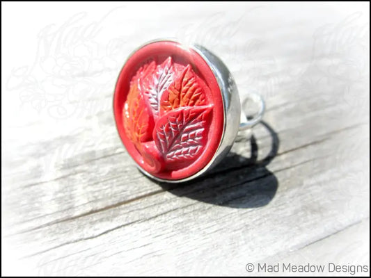 Vintage Button Sterling Silver Adjustable Statement Ring Hand Fabricated Bezel Set Red Orange Light Blue Leaves
