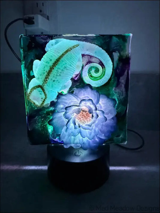 Whimsical Glowing Chameleon and Blue Flower RGB Color Change Night Light - Light