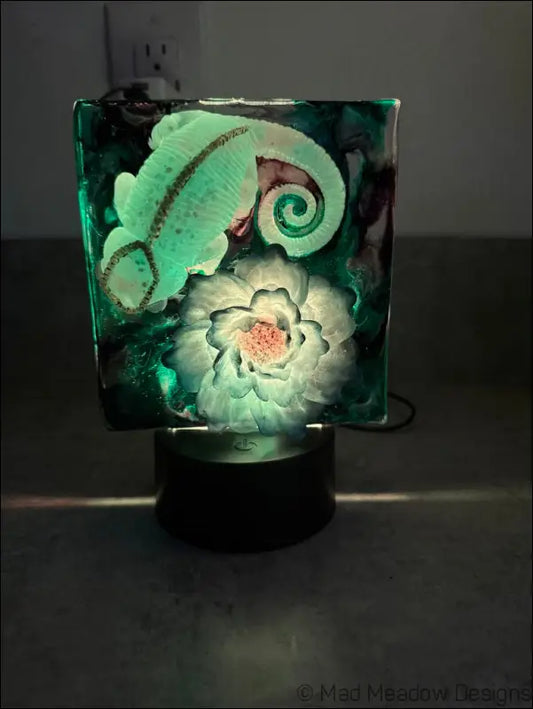 Whimsical Glowing Chameleon and Blue Flower RGB Color Change Night Light - Light