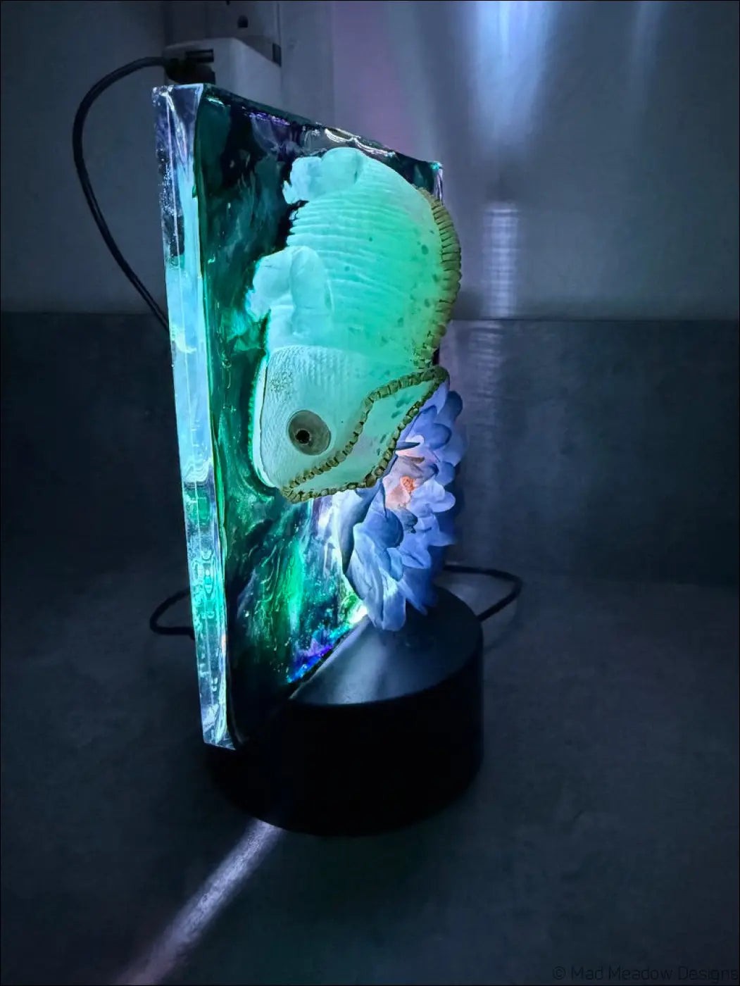 Whimsical Glowing Chameleon and Blue Flower RGB Color Change Night Light - Light
