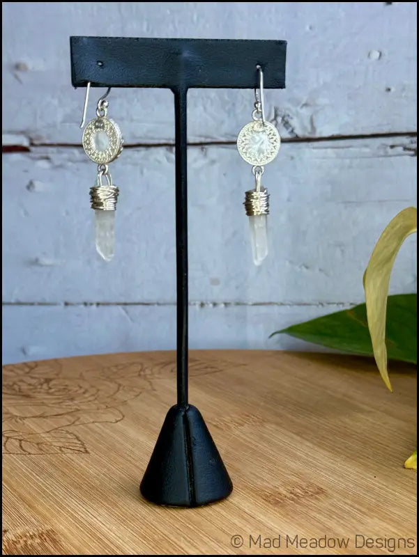 White Goddess Mother of Pearl and Quartz Point Sterling Silver Dangle Earrings - Jewelry