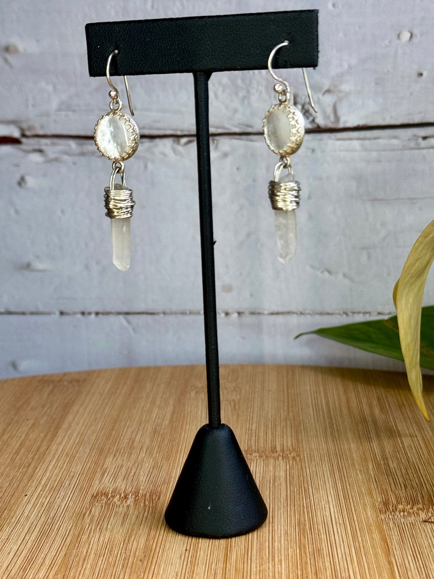 White Goddess Mother of Pearl and Quartz Point Sterling Silver Dangle Earrings - Jewelry