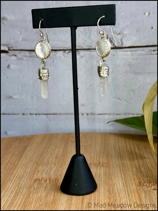 White Goddess Mother of Pearl and Quartz Point Sterling Silver Dangle Earrings - Jewelry