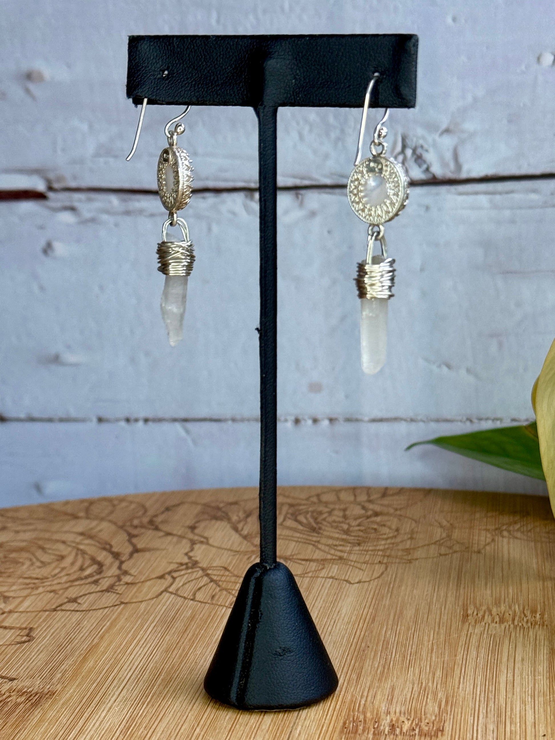 White Goddess Mother of Pearl and Quartz Point Sterling Silver Dangle Earrings - Jewelry