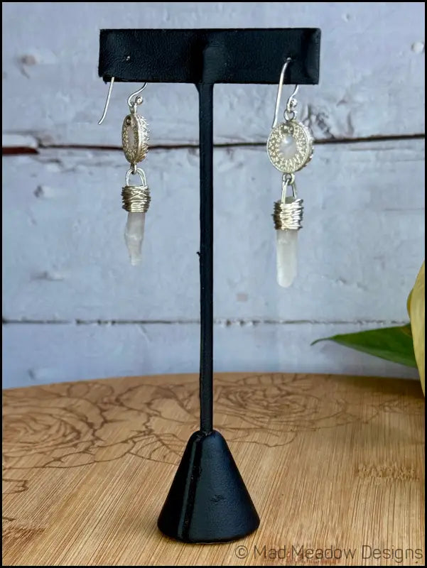 White Goddess Mother of Pearl and Quartz Point Sterling Silver Dangle Earrings - Jewelry