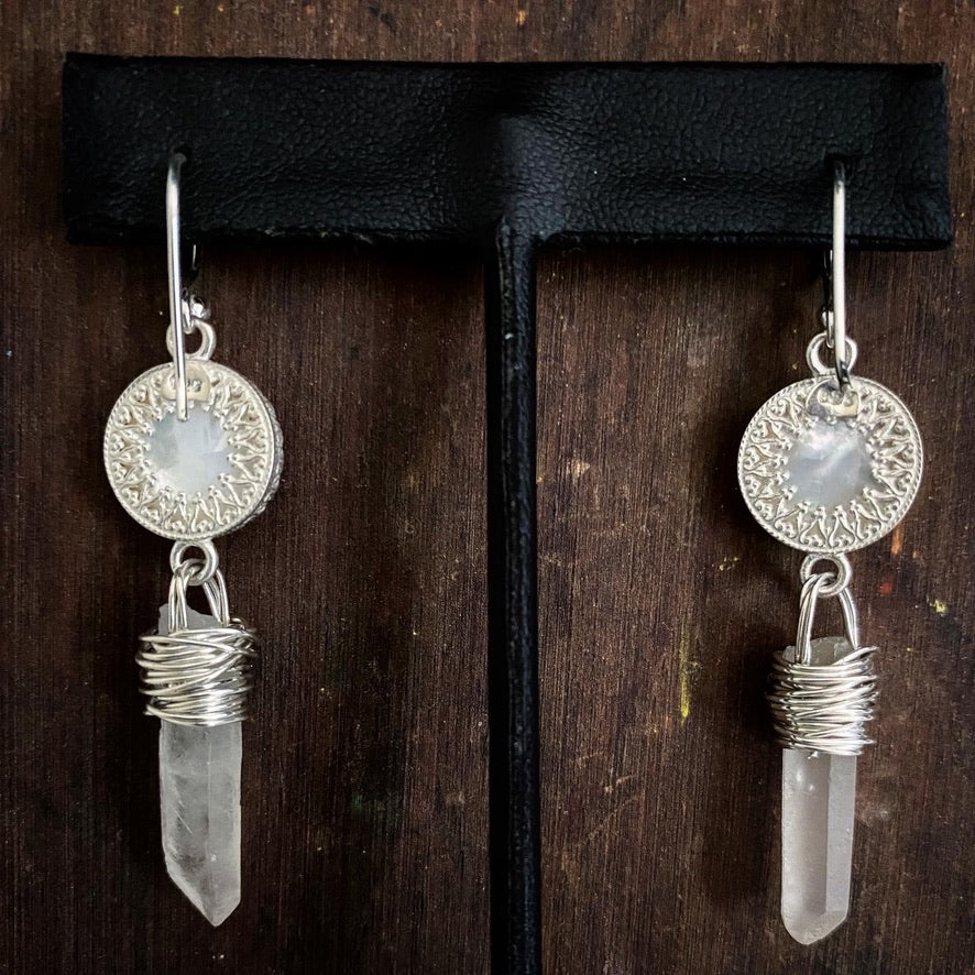 White Goddess Mother of Pearl and Quartz Point Sterling Silver Dangle Earrings - Jewelry