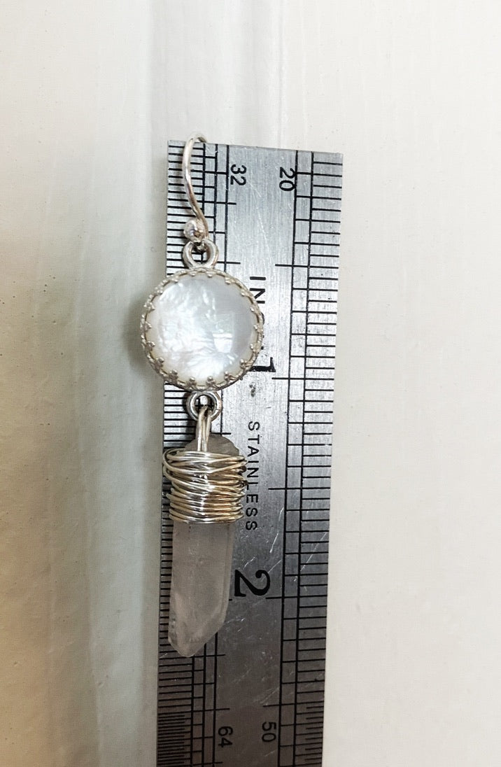 White Goddess Mother of Pearl and Quartz Point Sterling Silver Dangle Earrings - Jewelry