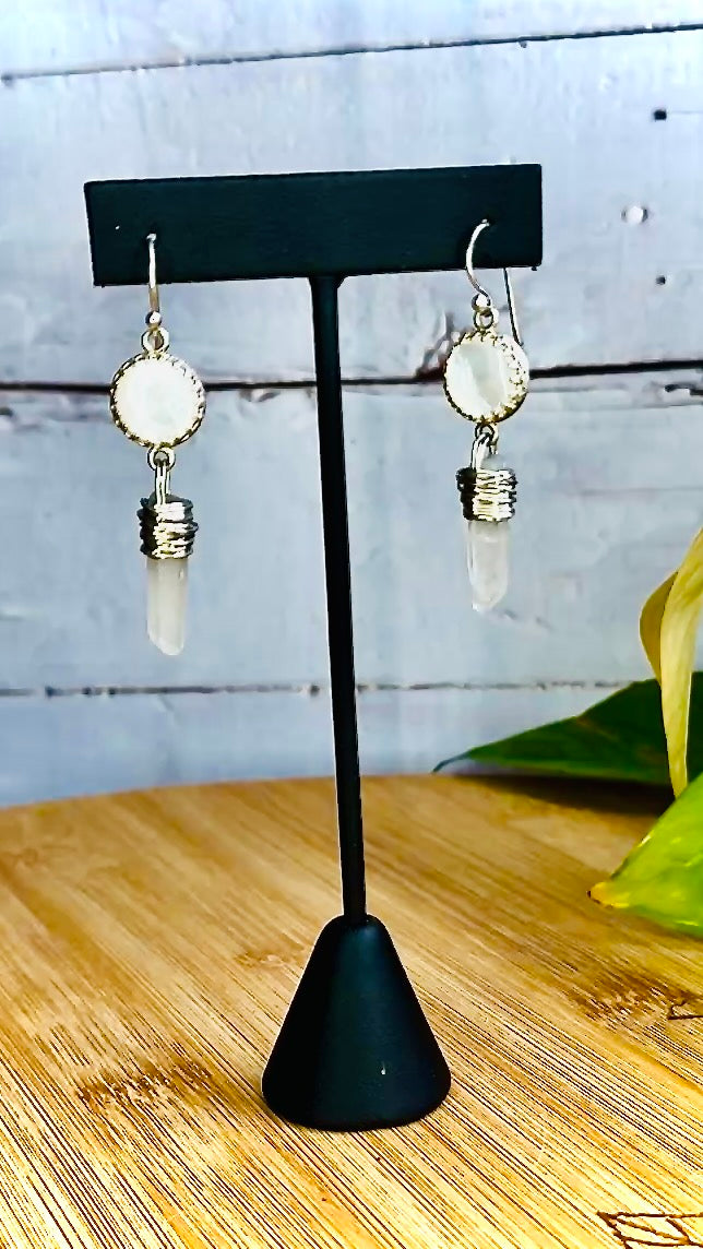 White Goddess Mother of Pearl and Quartz Point Sterling Silver Dangle Earrings - Jewelry