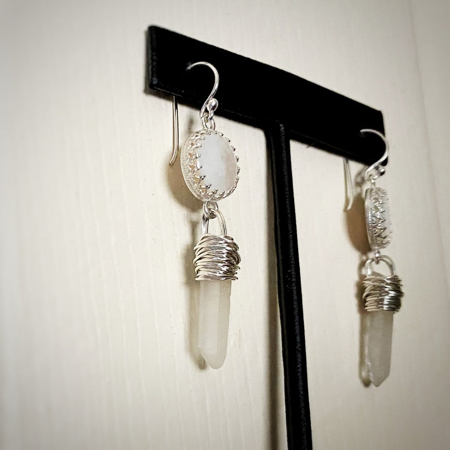 White Goddess Mother of Pearl and Quartz Point Sterling Silver Dangle Earrings - Jewelry