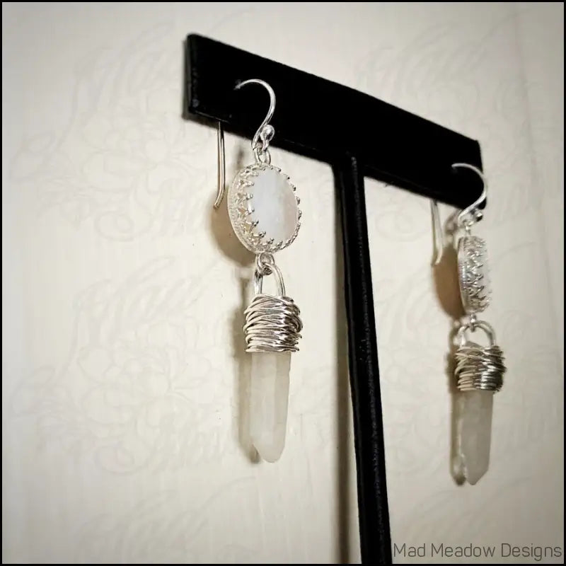 White Goddess Mother of Pearl and Quartz Point Sterling Silver Dangle Earrings - Jewelry