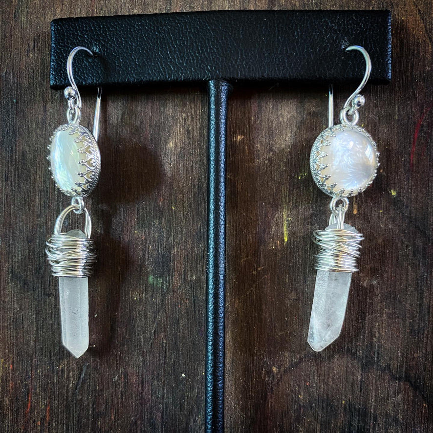 White Goddess Mother of Pearl and Quartz Point Sterling Silver Dangle Earrings - Jewelry