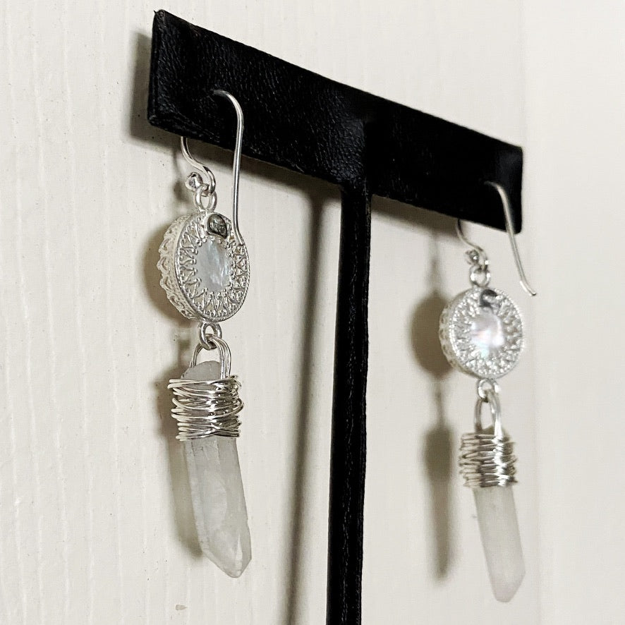 White Goddess Mother of Pearl and Quartz Point Sterling Silver Dangle Earrings - Jewelry