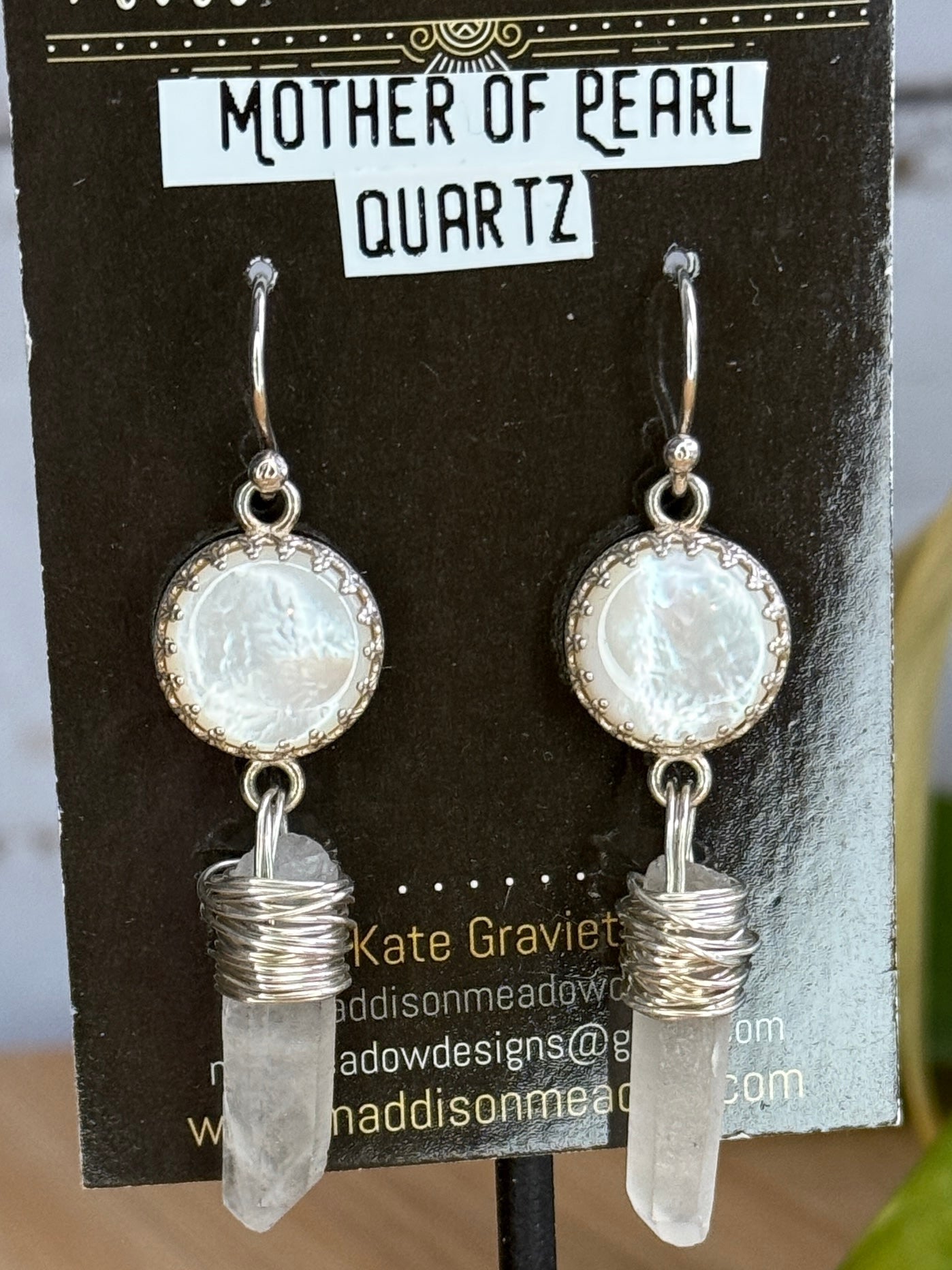 White Goddess Mother of Pearl and Quartz Point Sterling Silver Dangle Earrings - Jewelry