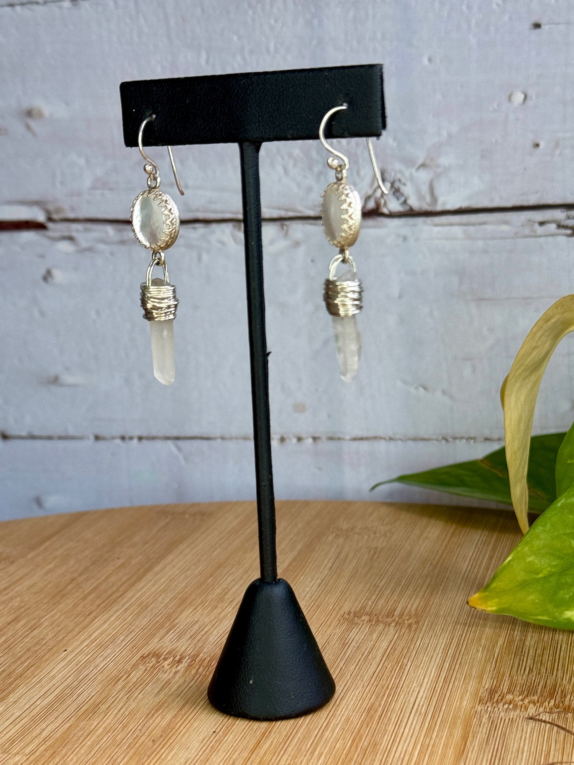 White Goddess Mother of Pearl and Quartz Point Sterling Silver Dangle Earrings - Jewelry