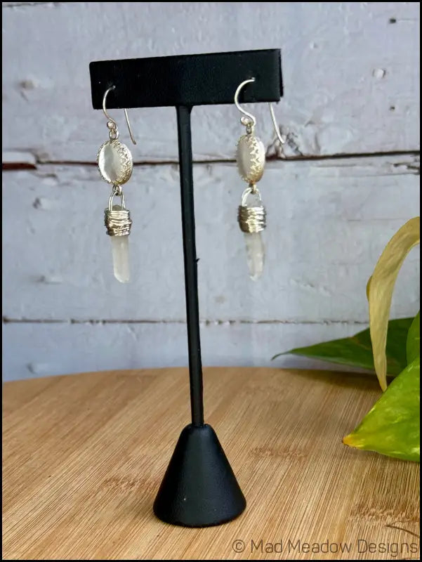 White Goddess Mother of Pearl and Quartz Point Sterling Silver Dangle Earrings - Jewelry