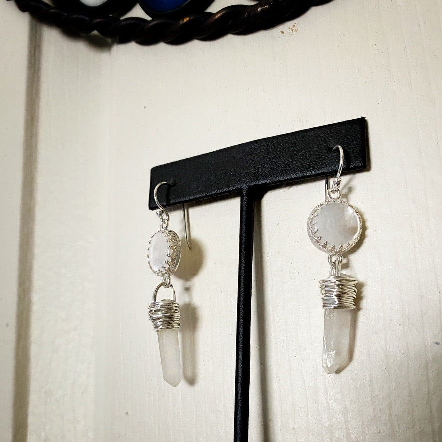 White Goddess Mother of Pearl and Quartz Point Sterling Silver Dangle Earrings - Jewelry