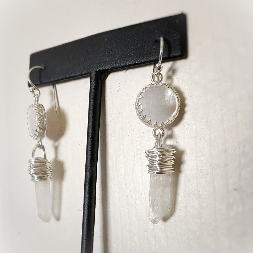 White Goddess Mother of Pearl and Quartz Point Sterling Silver Dangle Earrings - Jewelry