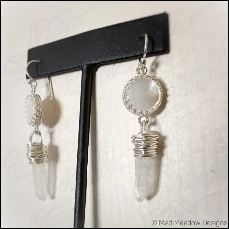 White Goddess Mother of Pearl and Quartz Point Sterling Silver Dangle Earrings - Jewelry