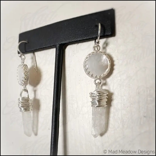 White Goddess Mother of Pearl and Quartz Point Sterling Silver Dangle Earrings - Jewelry
