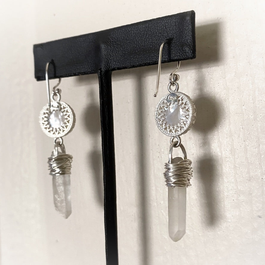 White Goddess Mother of Pearl and Quartz Point Sterling Silver Dangle Earrings - Jewelry