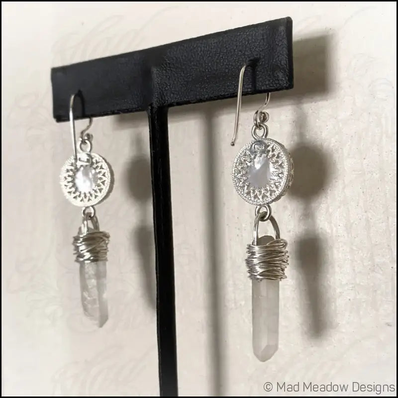 White Goddess Mother of Pearl and Quartz Point Sterling Silver Dangle Earrings - Jewelry