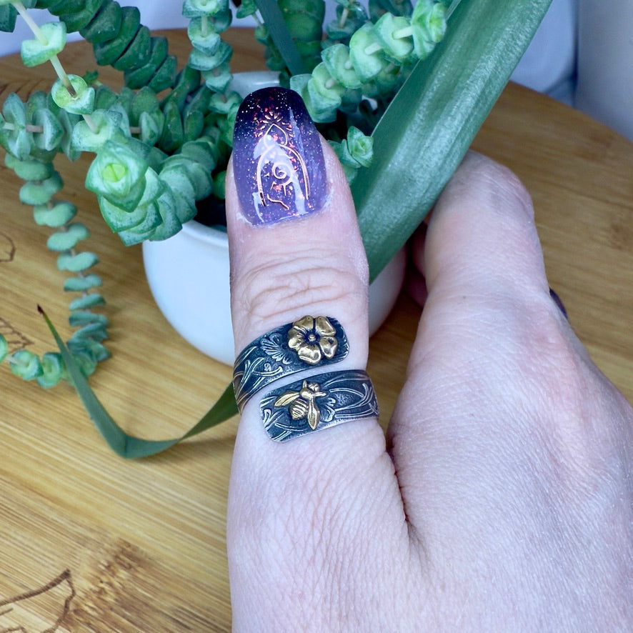 Wide Sterling Silver Adjustable Wrap Ring with Brass Animal and Insect Accents - Bee & Flower - Jewelry