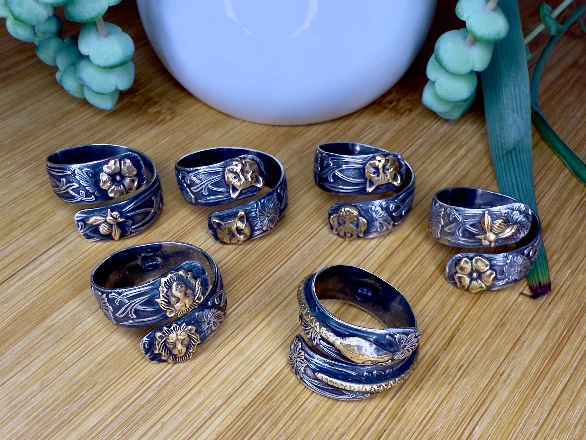 Wide Sterling Silver Adjustable Wrap Ring with Brass Animal and Insect Accents - Jewelry