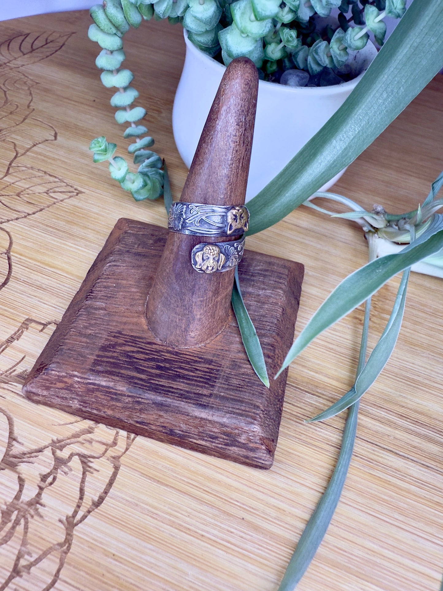 Wide Sterling Silver Adjustable Wrap Ring with Brass Animal and Insect Accents - Jewelry