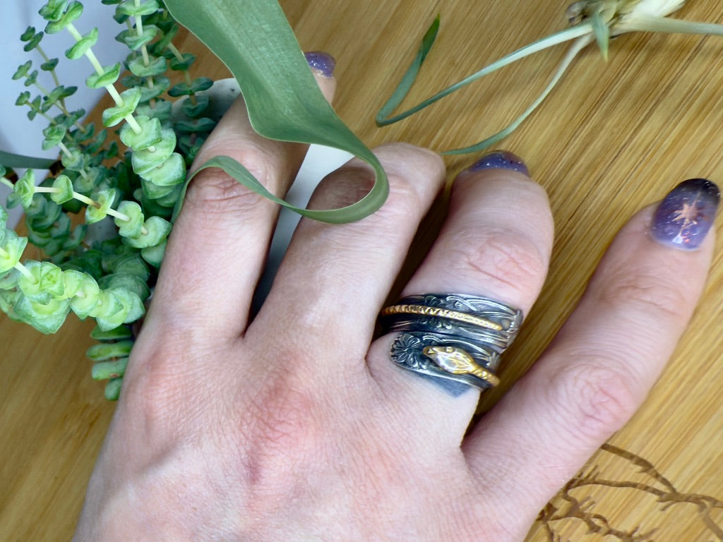 Wide Sterling Silver Adjustable Wrap Ring with Brass Animal and Insect Accents - Snake - Jewelry