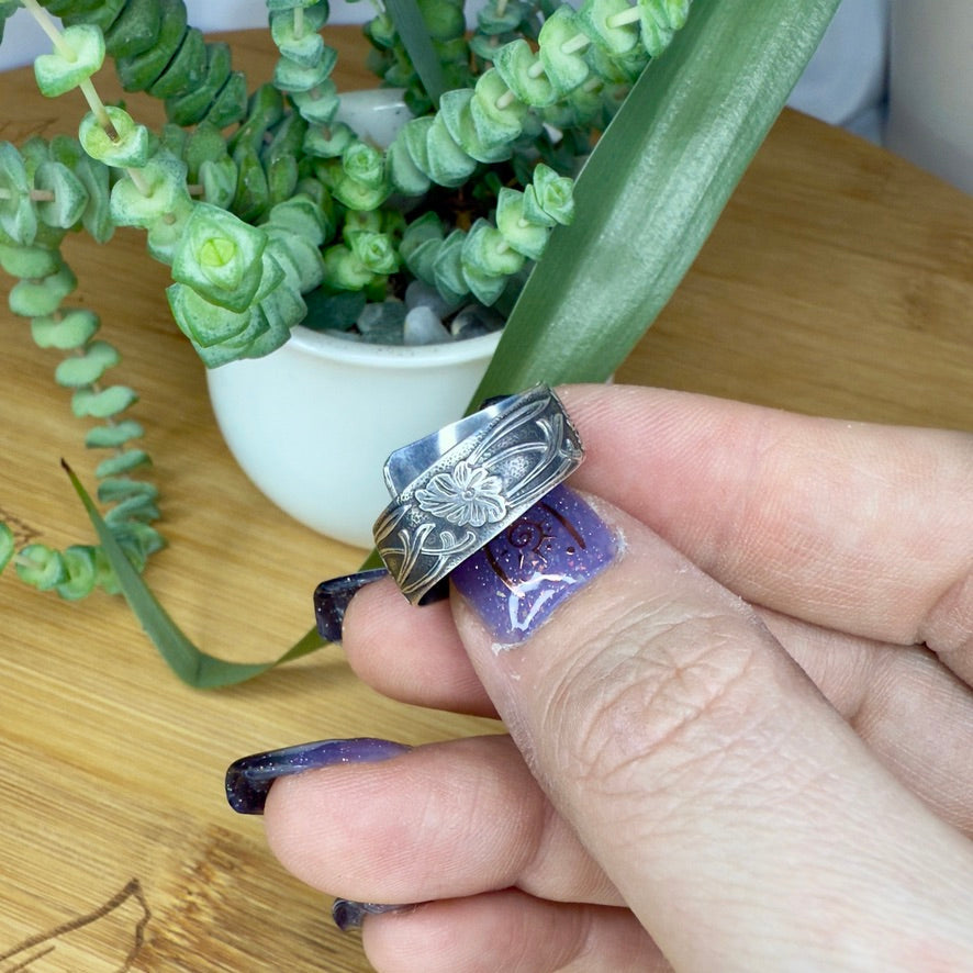 Wide Sterling Silver Adjustable Wrap Ring with Brass Animal and Insect Accents - Jewelry