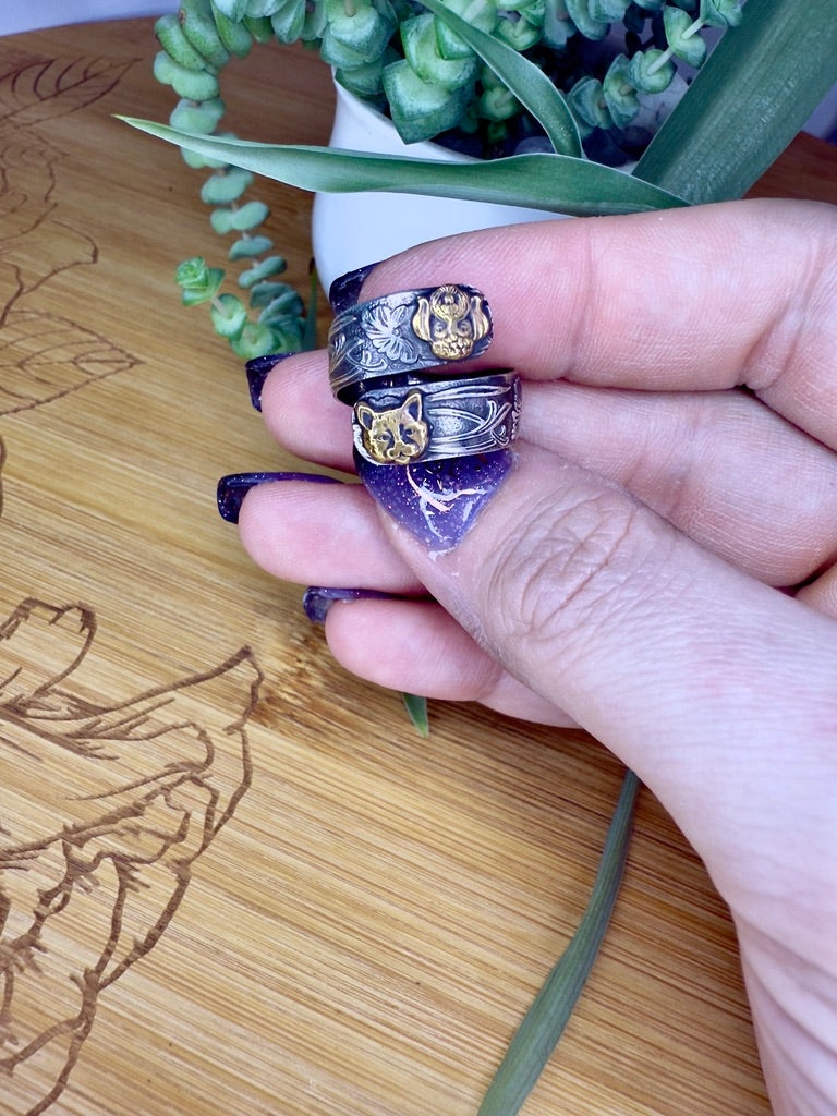 Wide Sterling Silver Adjustable Wrap Ring with Brass Animal and Insect Accents - Jewelry